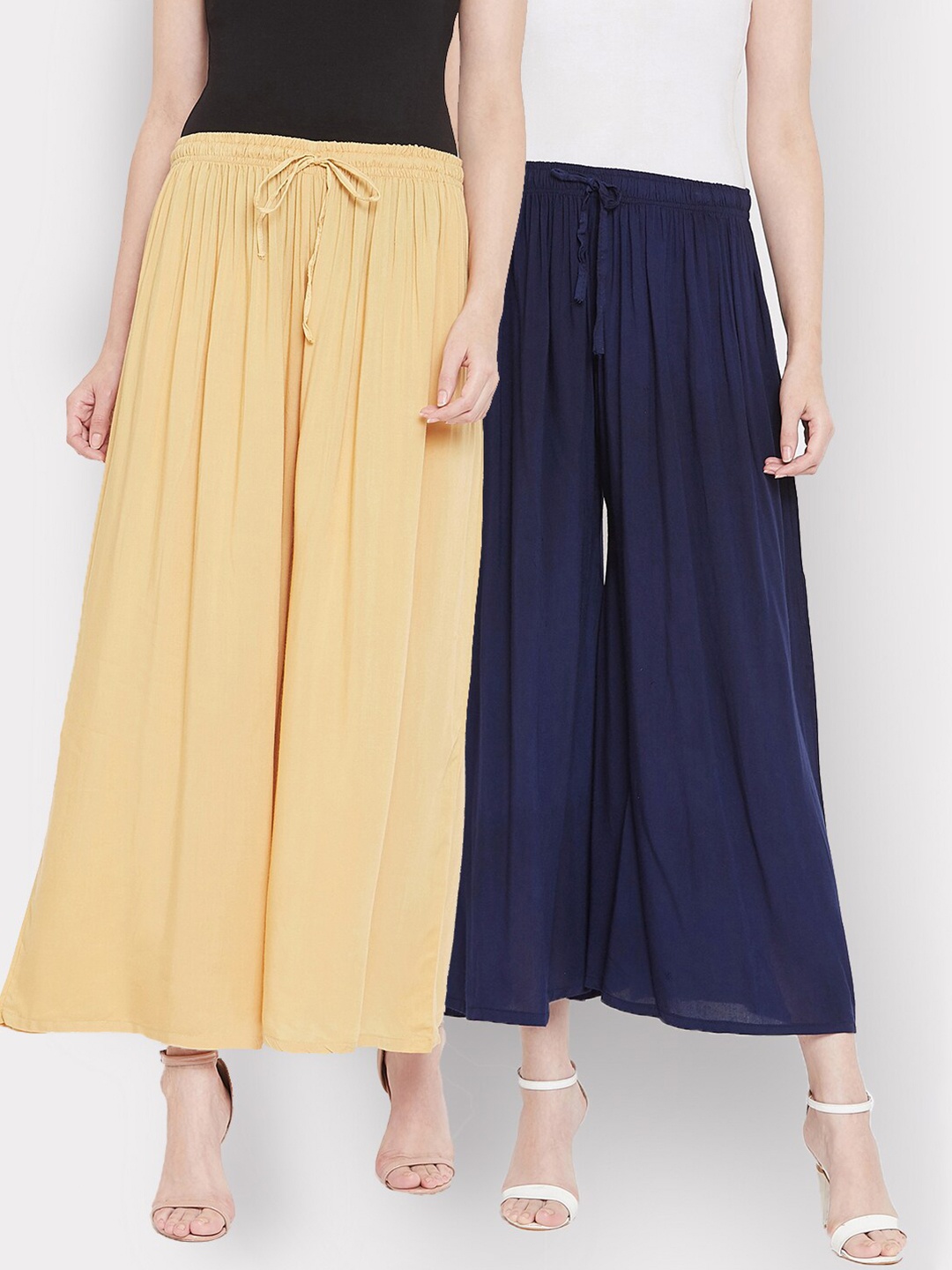 

Castle Women Pack of 2 Solid Beige & Navy Blue Wide Leg Flared Rayon Palazzos