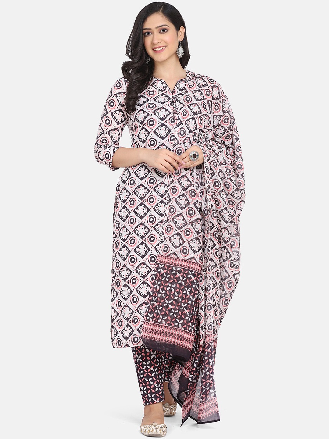 

Saanjh Women White Printed Pure Cotton Kurta with Trousers & With Dupatta