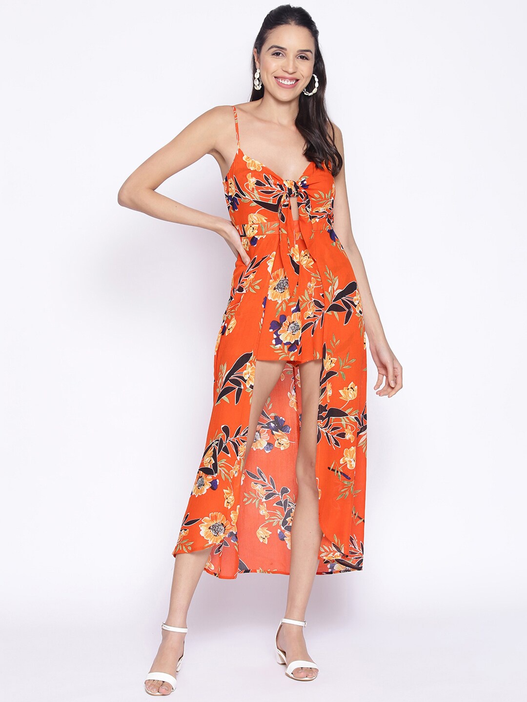 

IX IMPRESSION Orange & Navy Blue Printed Tie-Up Jumpsuit