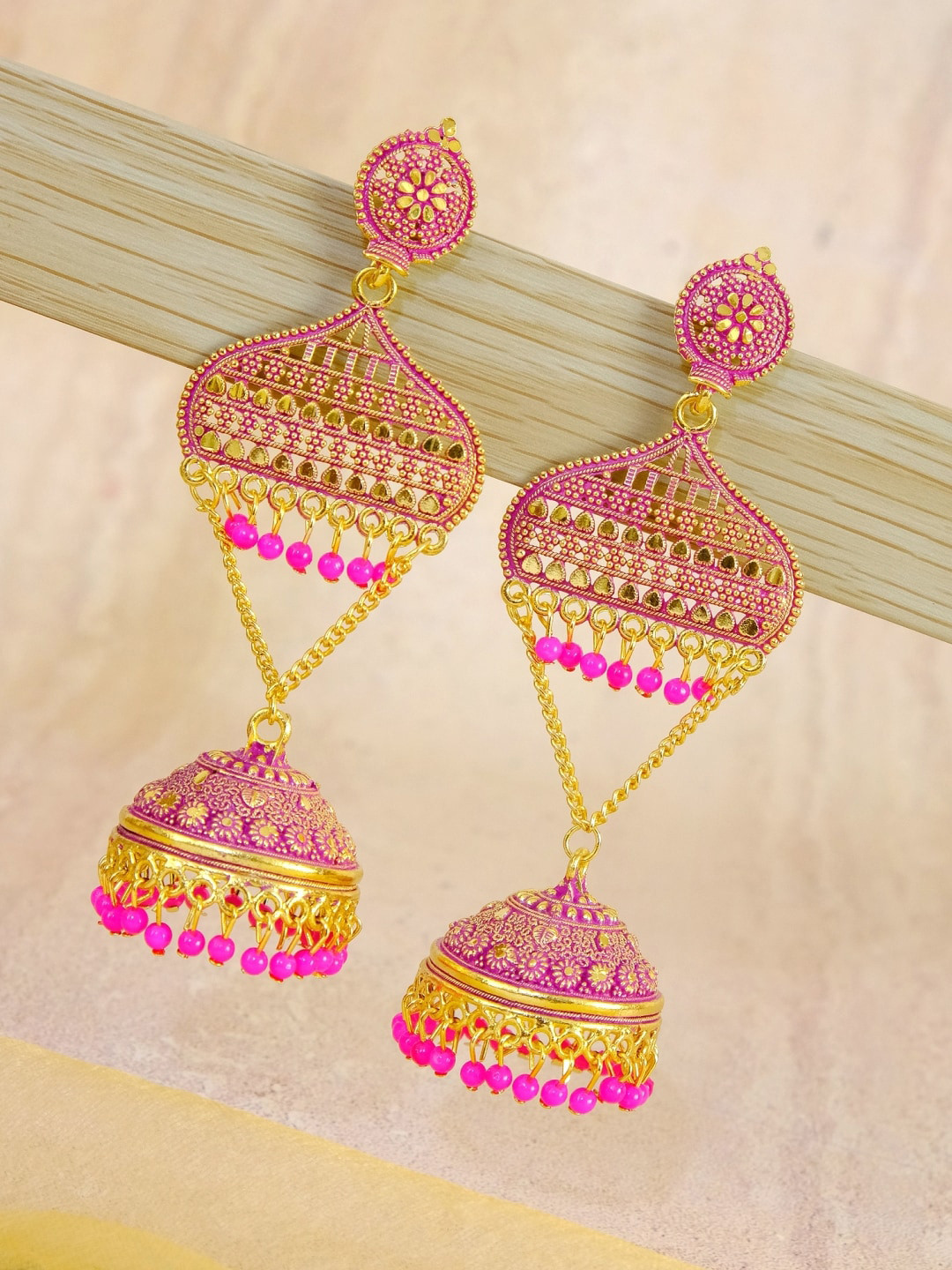 

Crunchy Fashion Gold Plated Pink Temple Jhumkas