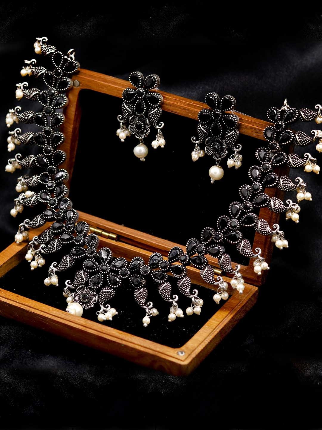 

TEEJH Oxidised Silver-Plated & Black Stone-Studded & Beaded Jewellery Set
