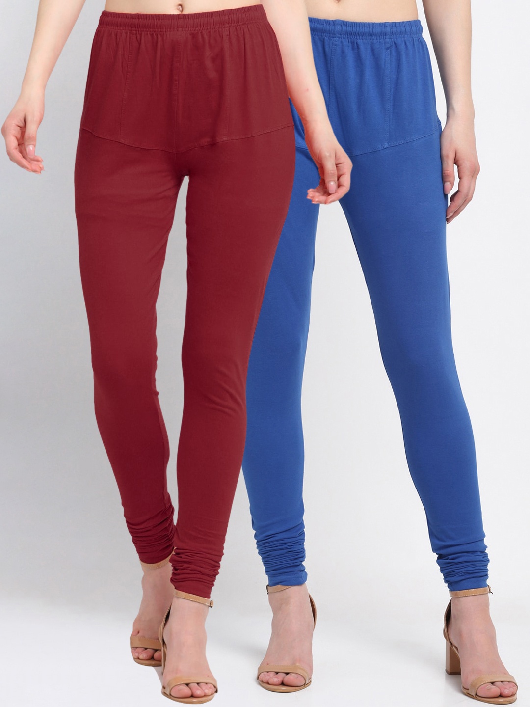 

KLOTTHE Women Pack Of 2 Maroon & Blue Solid Cotton Churidar-Length Leggings