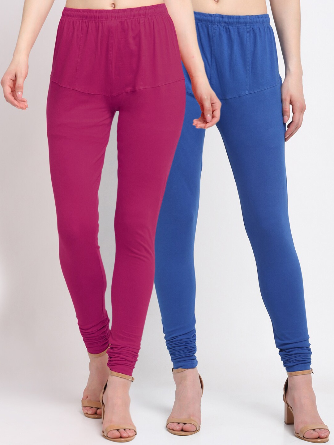 

KLOTTHE Women Pack of 2 Magenta & Blue Solid Cotton Churidar-Length Leggings
