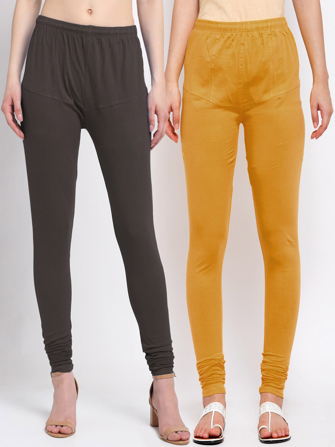 

KLOTTHE Women Pack of 2 Solid Cotton Churidar-Length Leggings, Brown