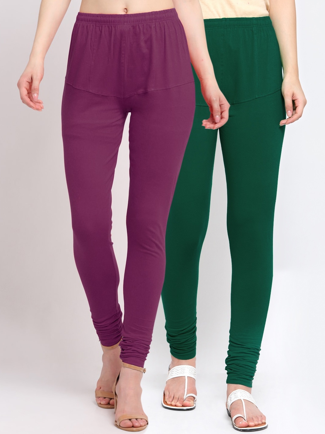 

KLOTTHE Women Pack Of 2 Purple & Green Solid Churidar-Length Cotton Leggings