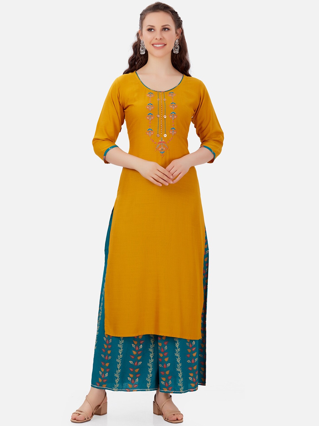 

Kiana Women Mustard Yellow & Teal Embroidered Straight Kurta With Printed Palazzo