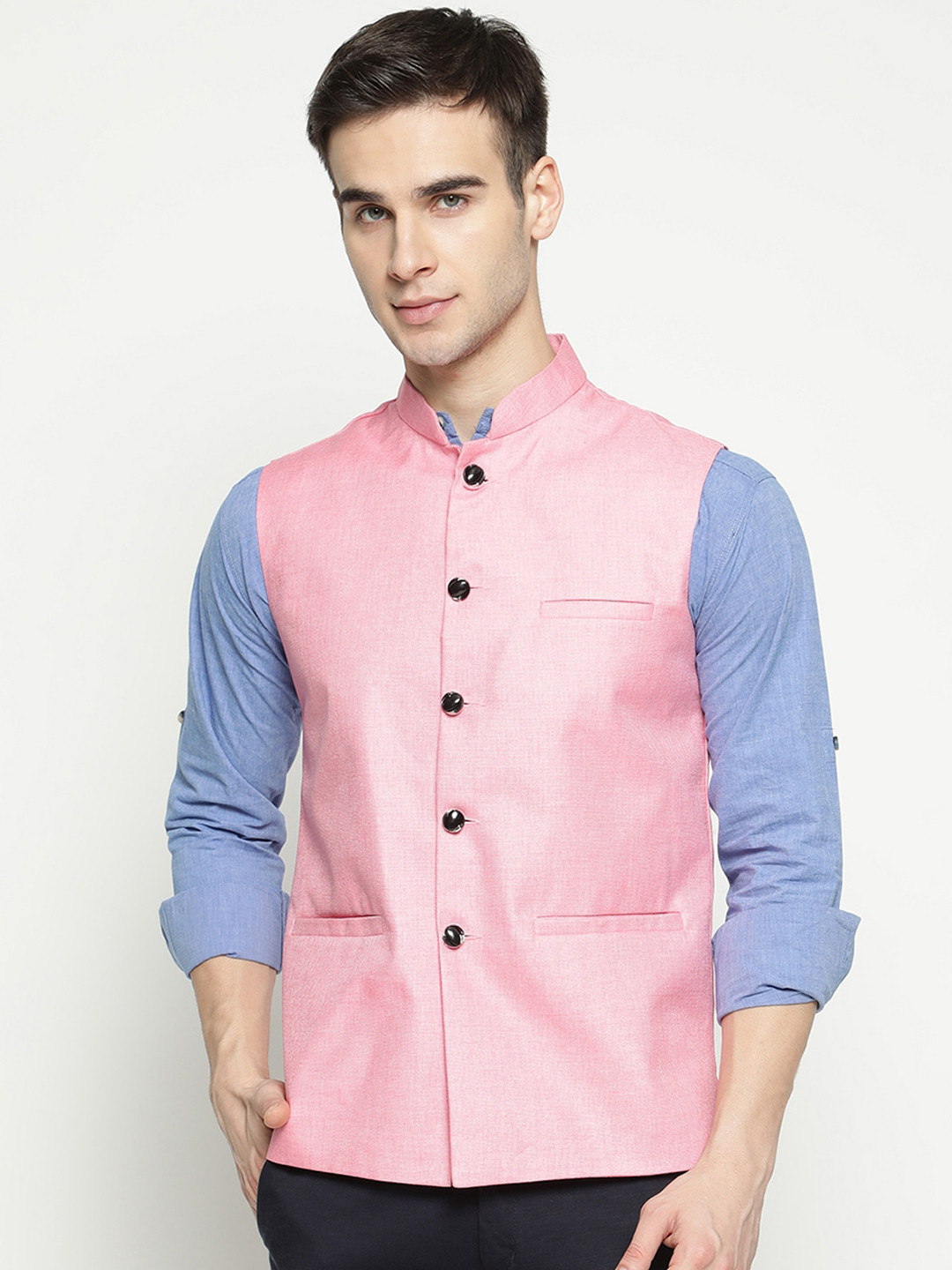

V2 Value & Variety Men Pink Solid Woven Pure Cotton Nehru Jacket