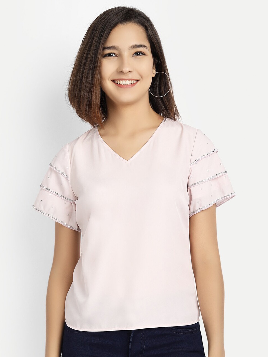 

LY2 Lavender Pure Cotton Sleeve Embellished Crepe Regular Top