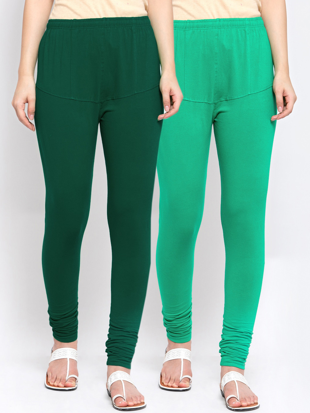 

KLOTTHE Women Pack Of 2 Green Solid Churidar-Length Cotton Leggings