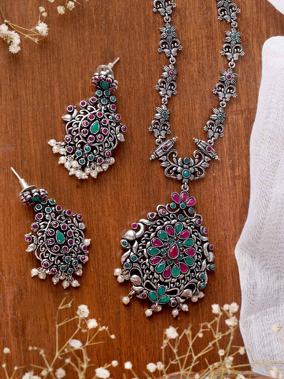 

TEEJH Oxidised Silver-Plated Pink & Green Stone-Studded & Beaded Jewellery Set