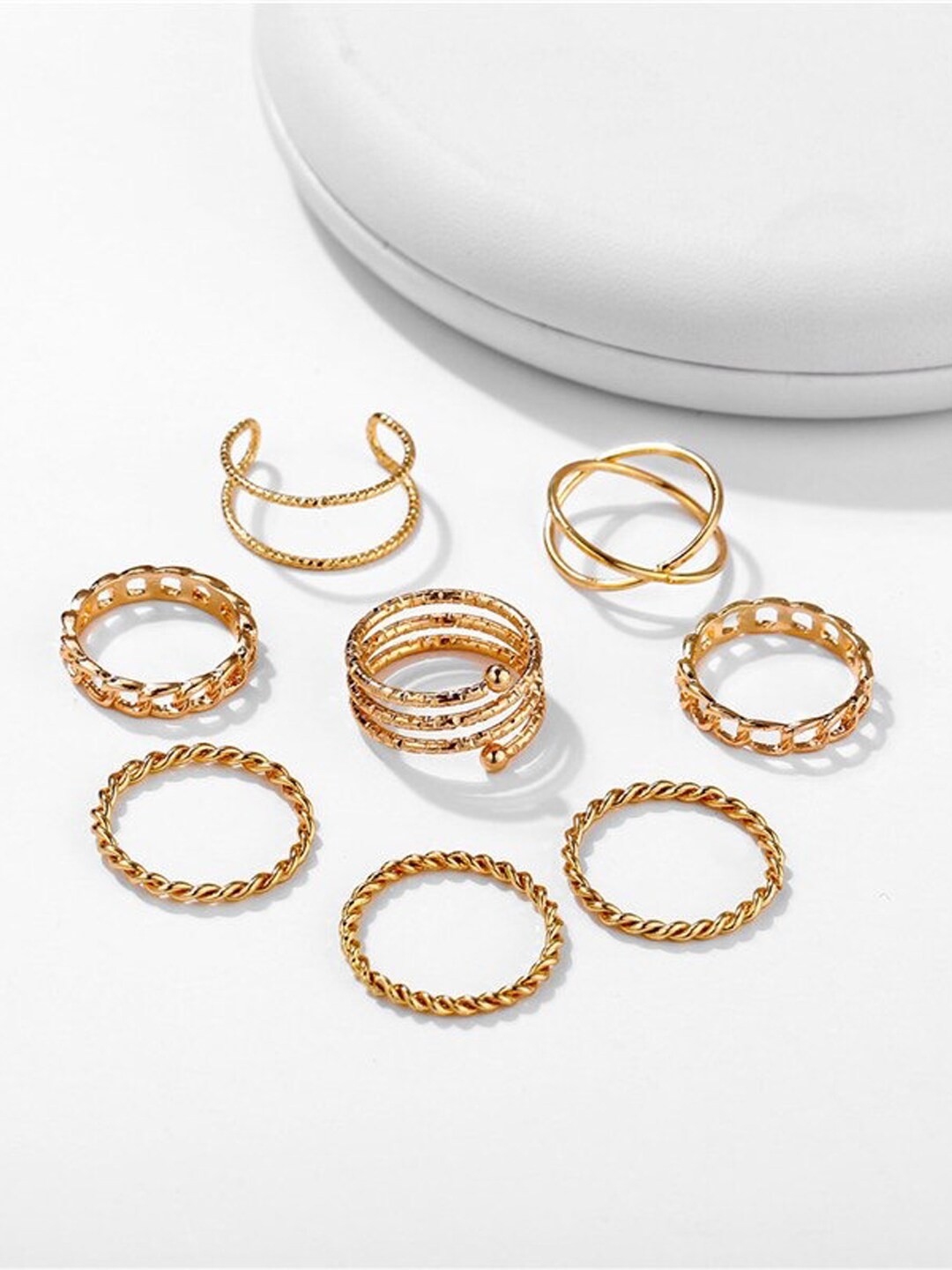 

Shining Diva Fashion Set Of 8 Gold-Plated Crystal Studded Boho Midi Finger Rings