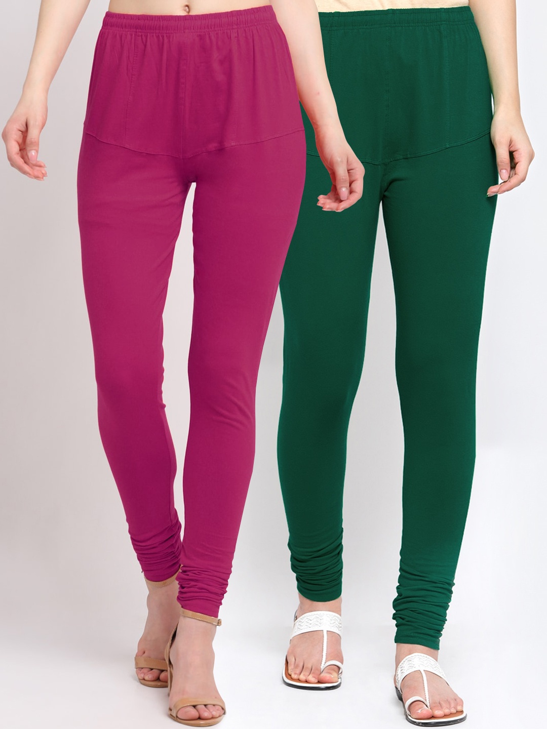 

KLOTTHE Women Pack Of 2 Magenta Pink & Green Solid Cotton Churidar-Length Leggings