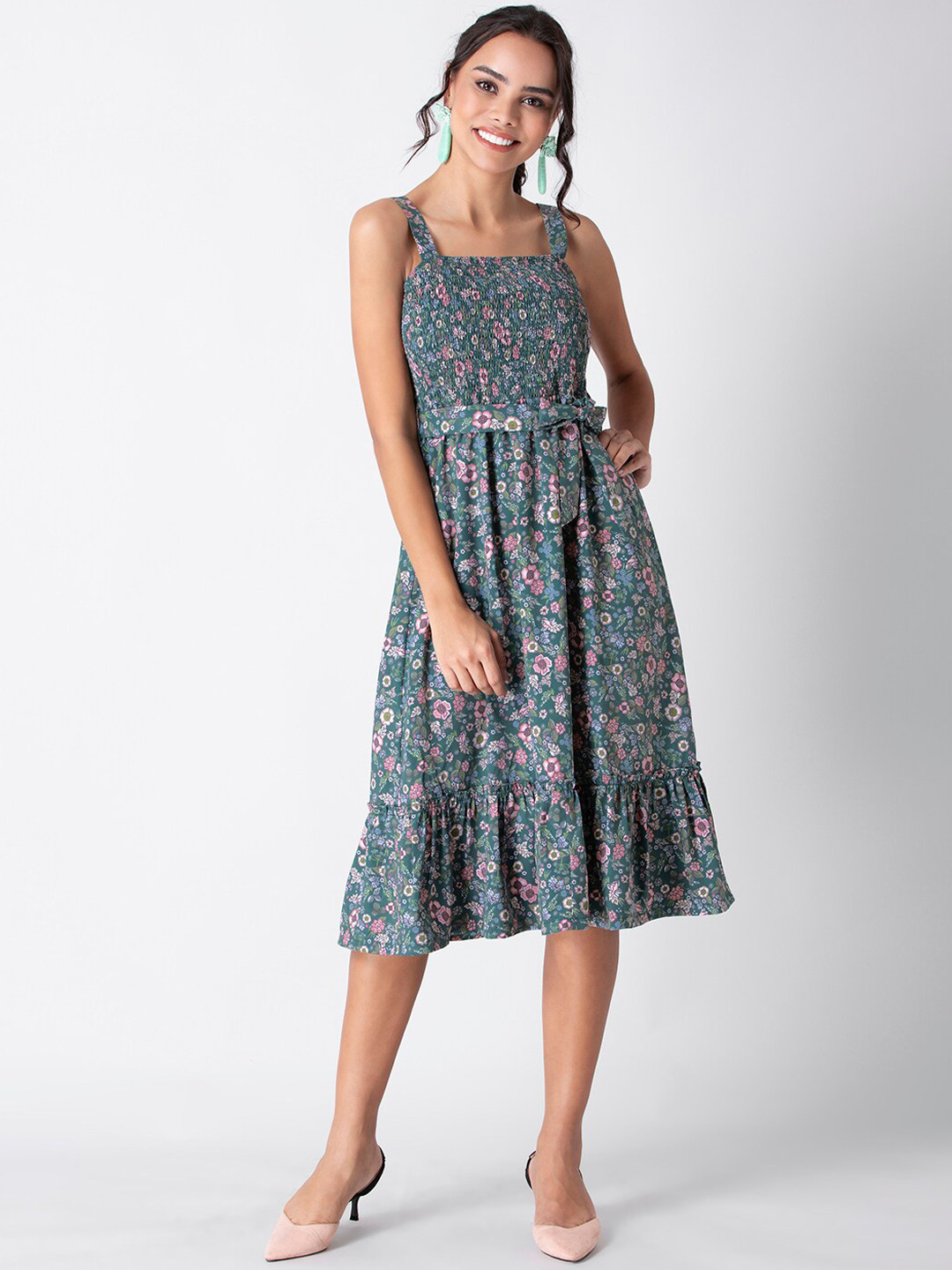 

FabAlley Women Green& Multicolor Floral Smocked Belted Midi Dress