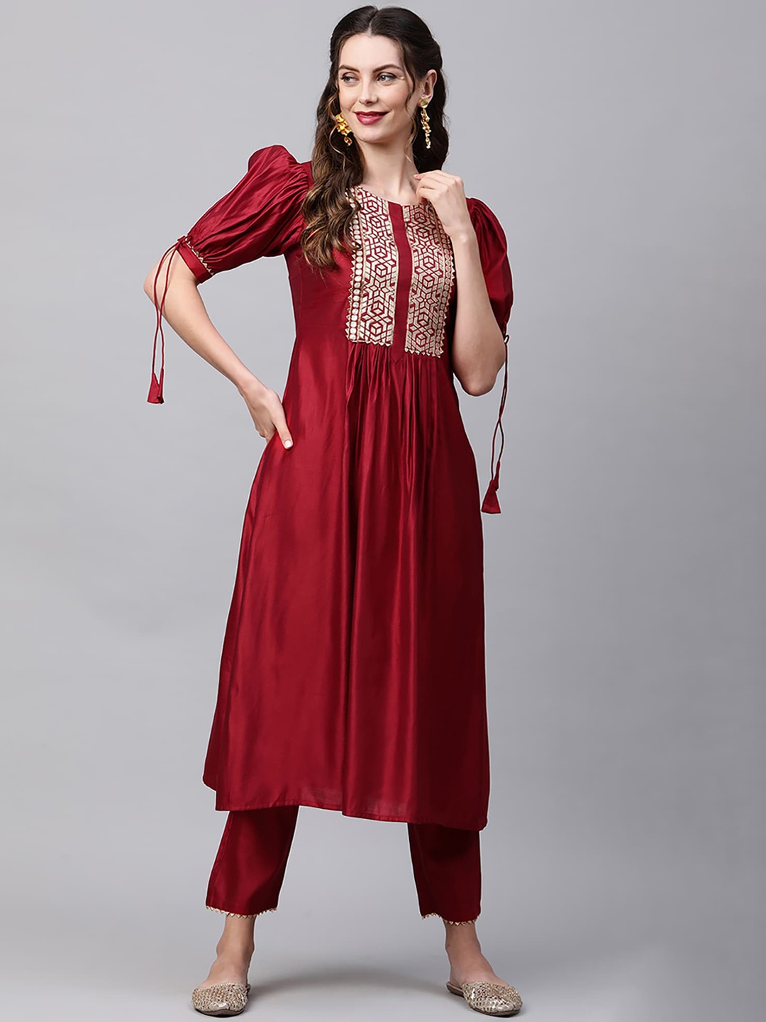 Indo Era Women Red Yoke Design Liva Kurta with Trousers