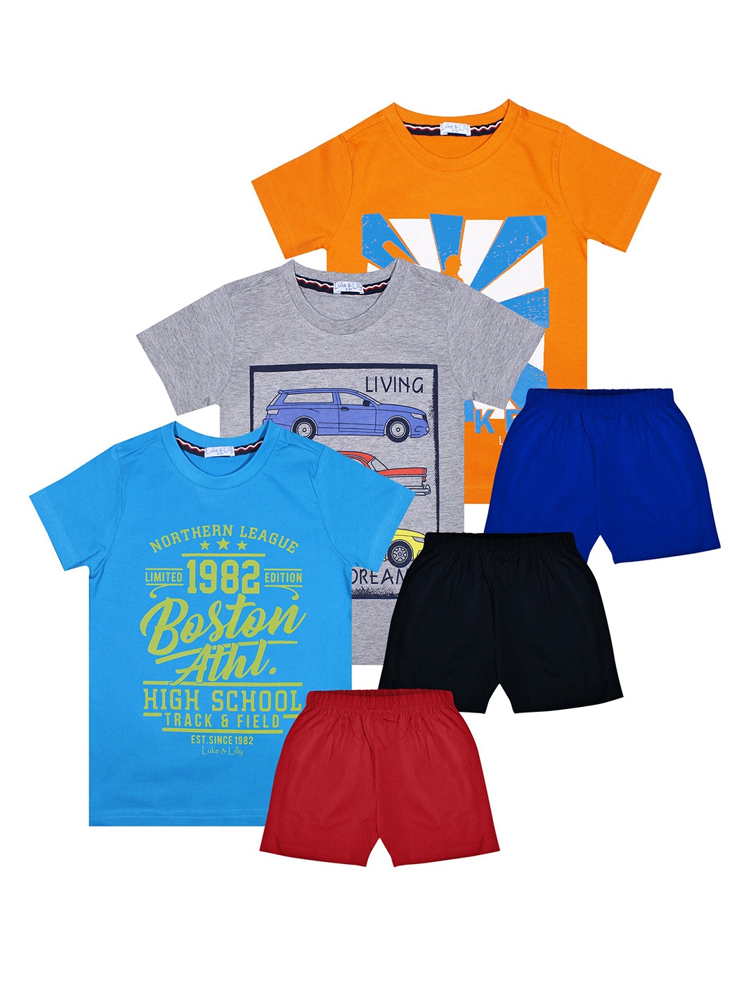 

Luke & Lilly Boys Pack Of 3 Orange & Grey Printed T-shirt with Shorts