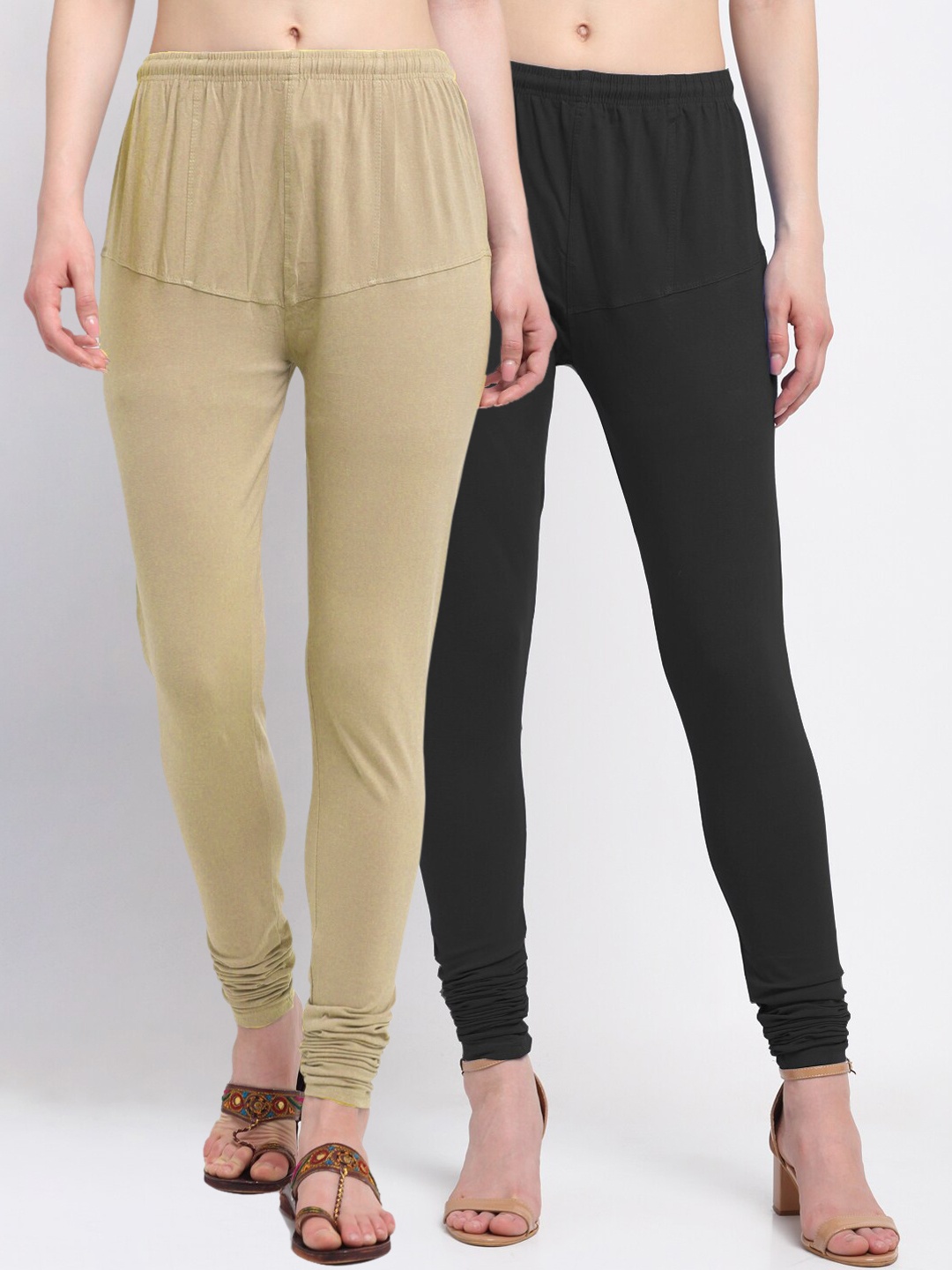 

KLOTTHE Women Pack Of 2 Black & Beige Solid Churidar-Length Cotton Leggings