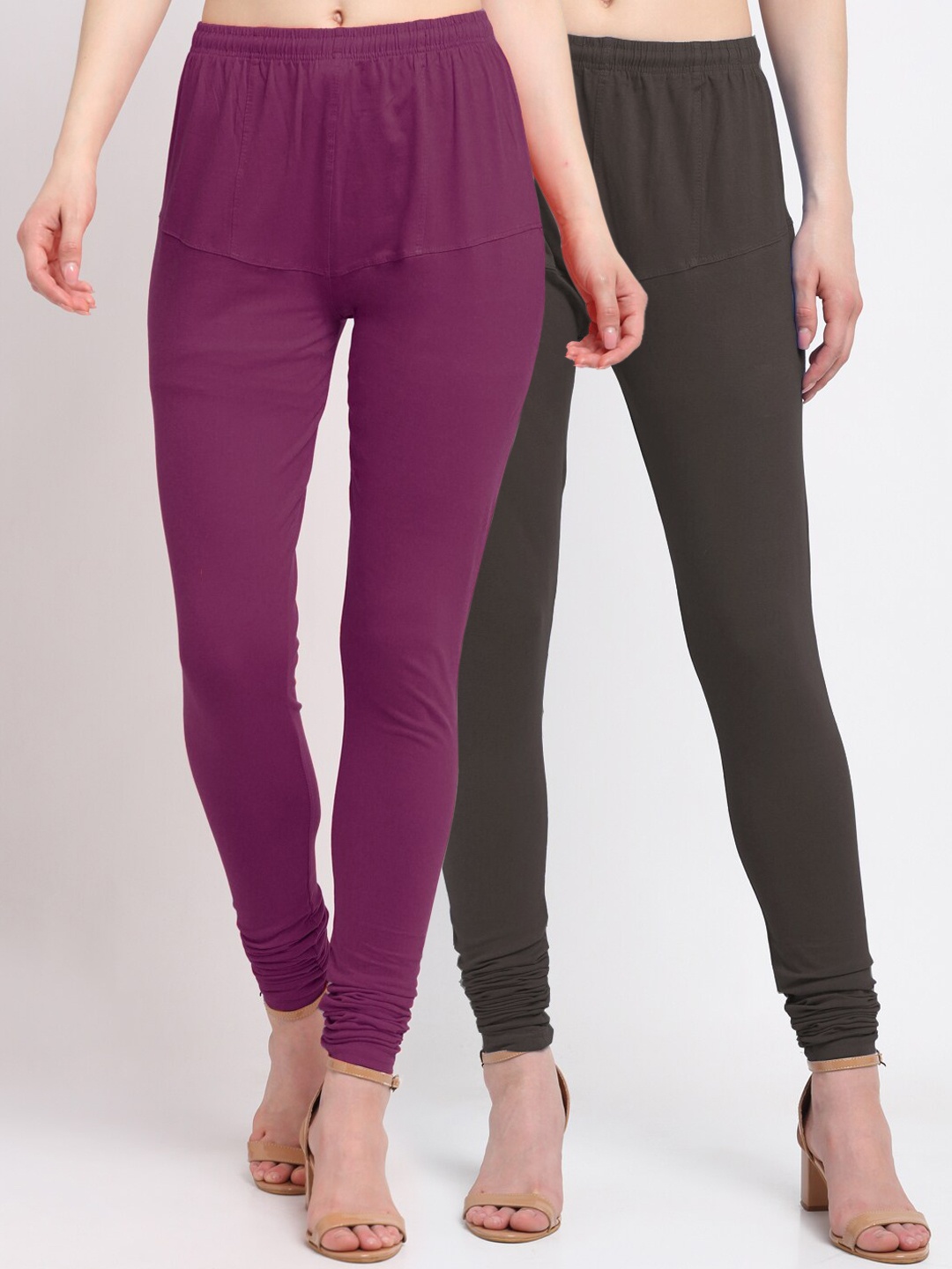 

KLOTTHE Women Pack of 2 Solid Cotton Churidar-Length Leggings, Brown