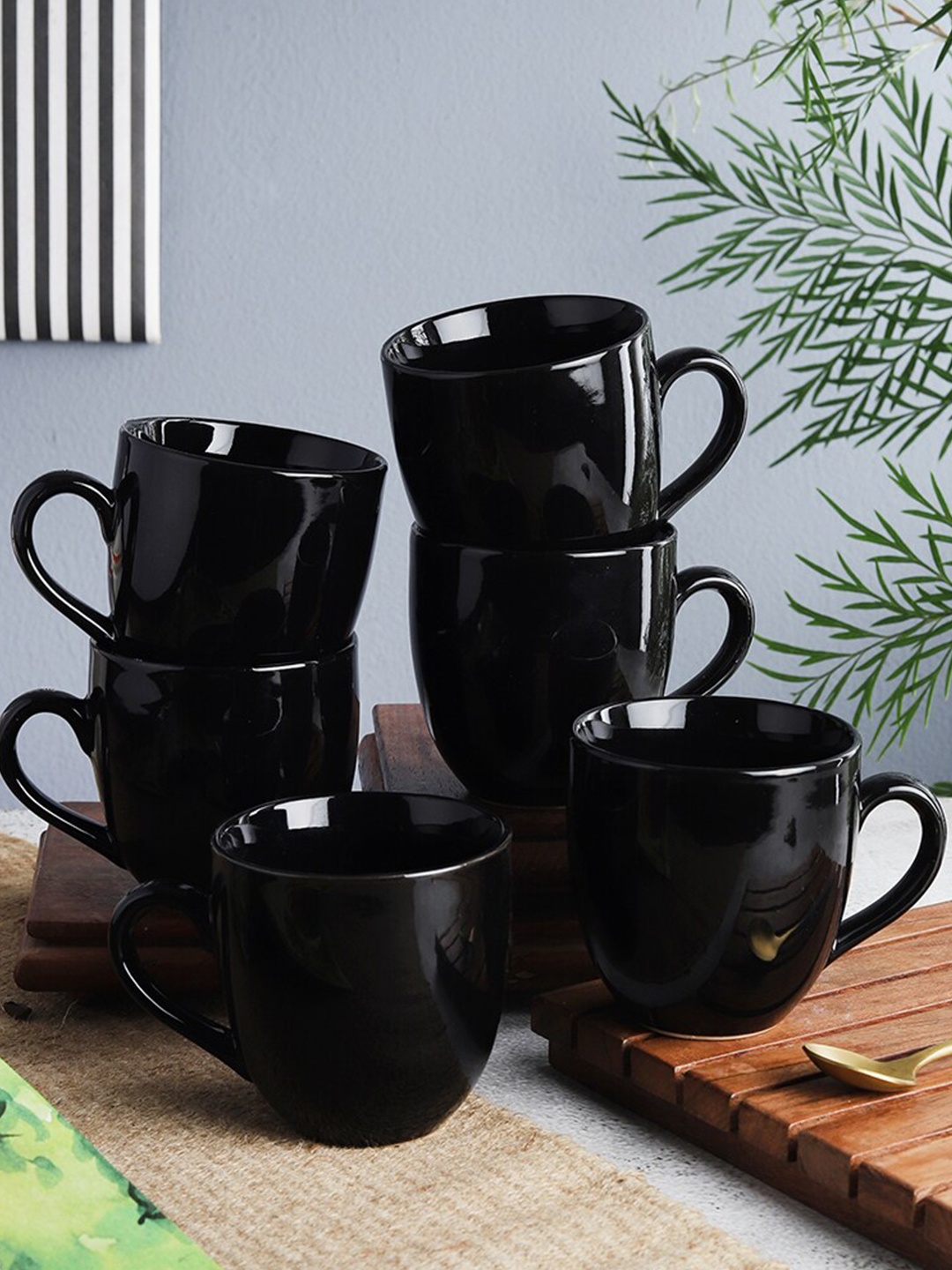 

The Decor Mart Set Of 6 Black Solid Ceramic Glossy Cups
