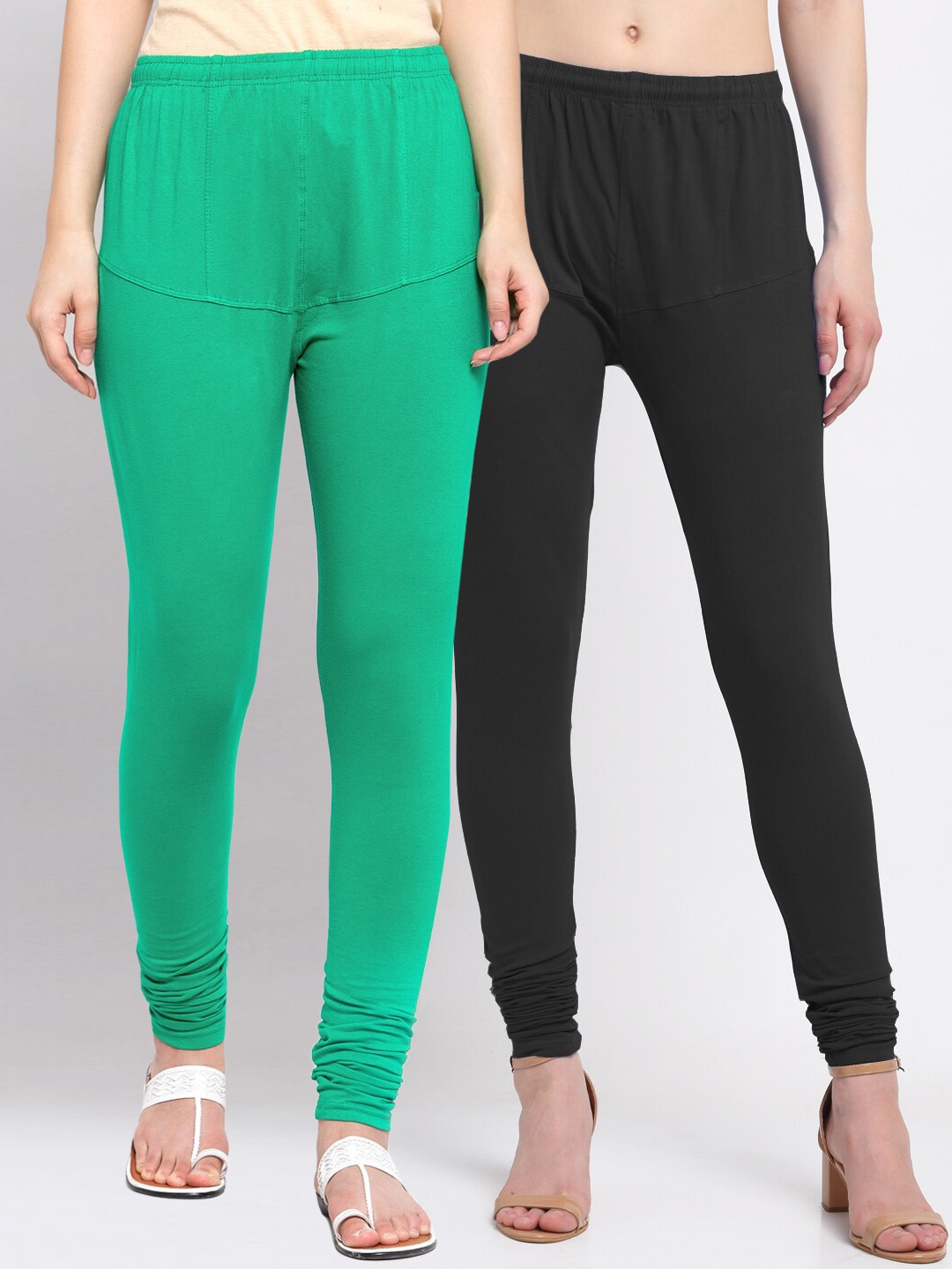 

KLOTTHE Women Pack of 2 Solid Cotton Churidar-Length Leggings, Black