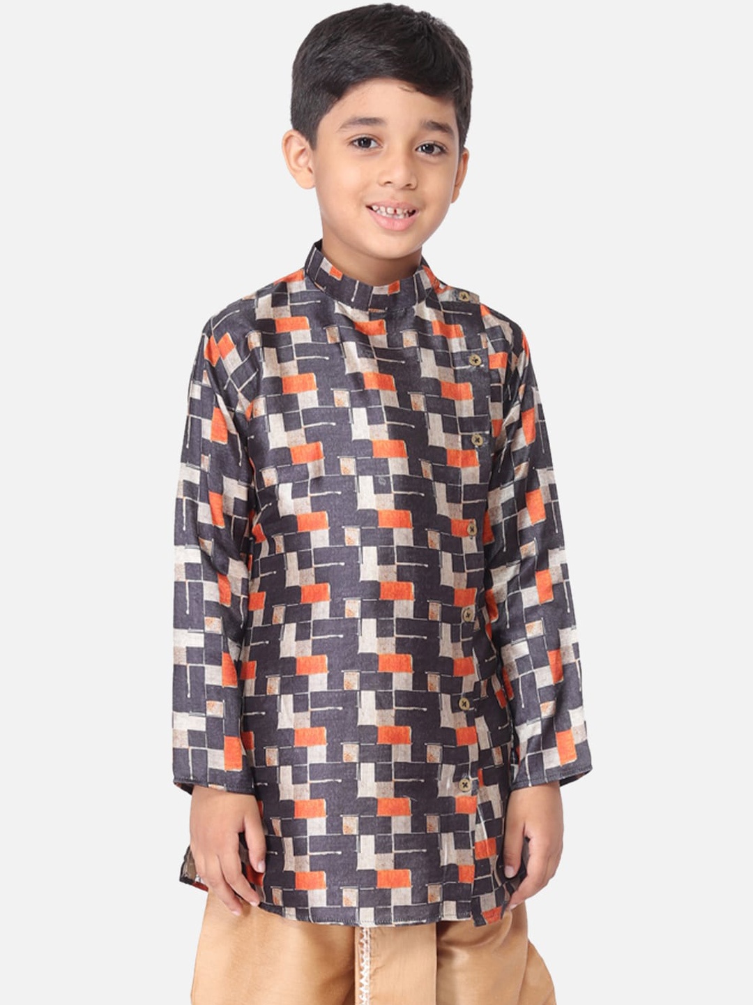 

TABARD Boys Grey & Orange Geometric Printed Kurta