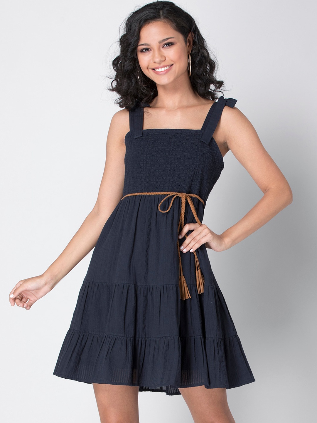 

FabAlley Women Navy Blue Pure Cotton Solid Tiered Dress