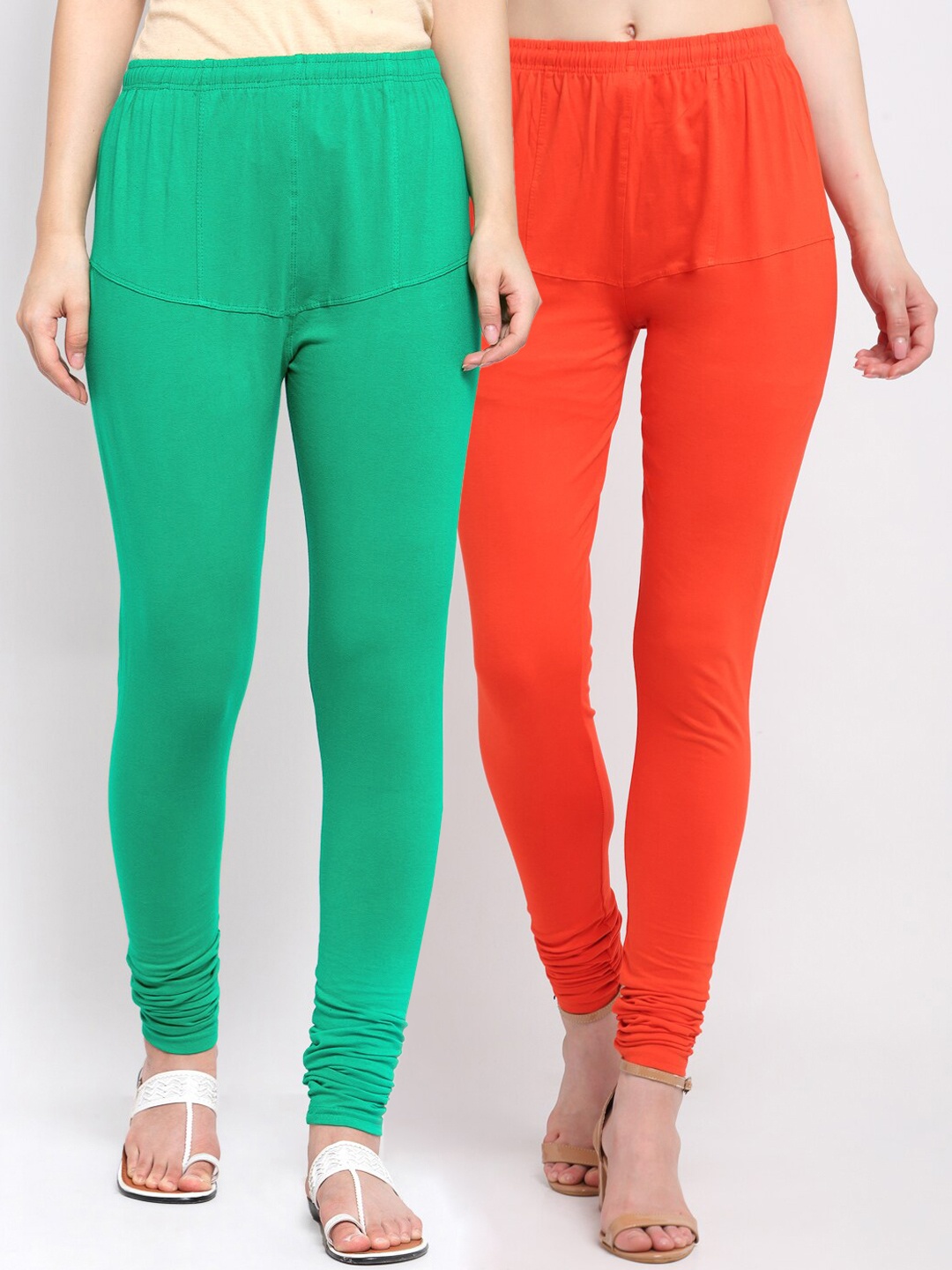 

KLOTTHE Women Pack Of 2 Green & Orange Solid Churidar-Length Cotton Leggings, Sea green