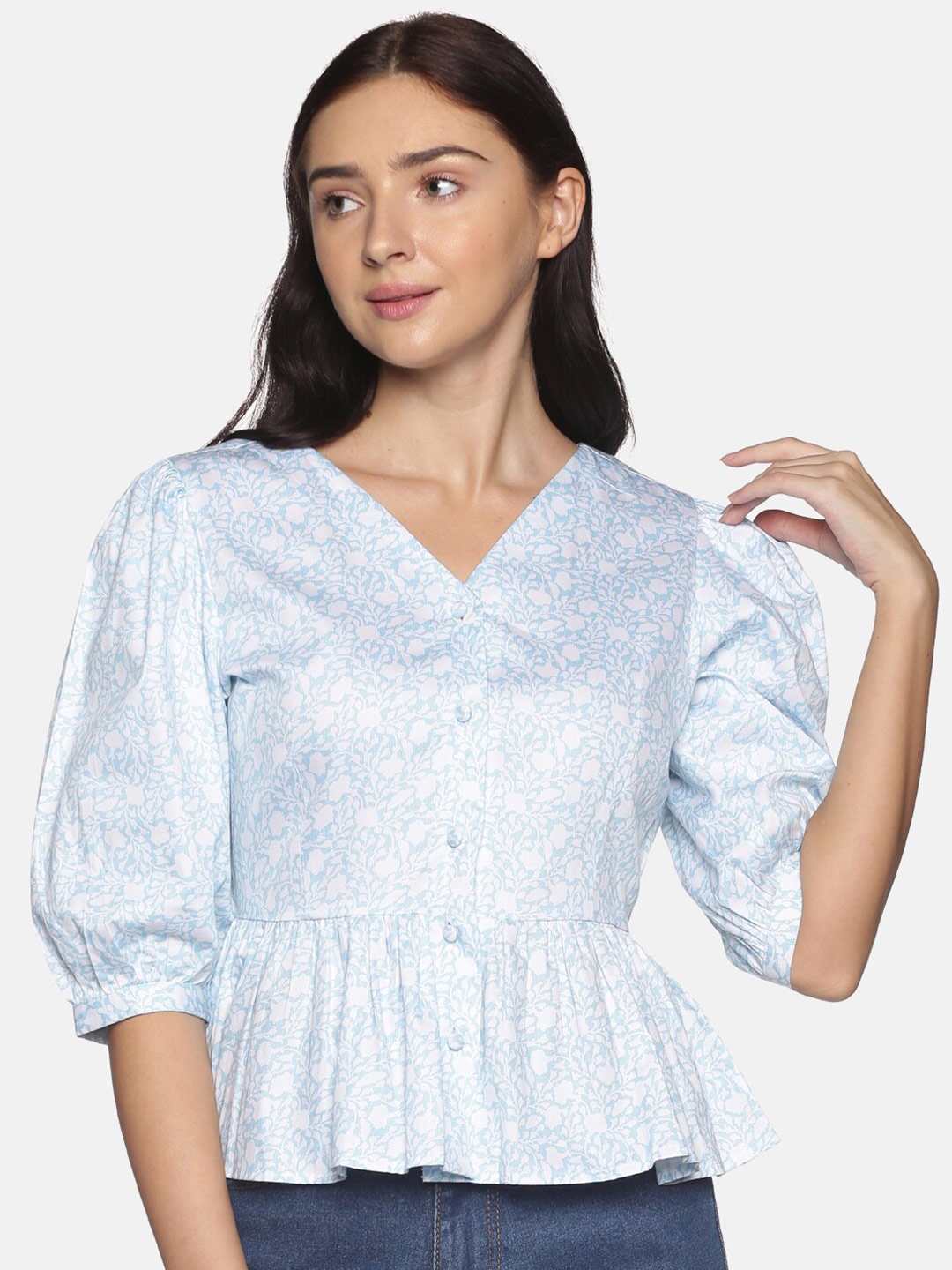 

ISU Blue Women Puff Sleeve Peplum Top
