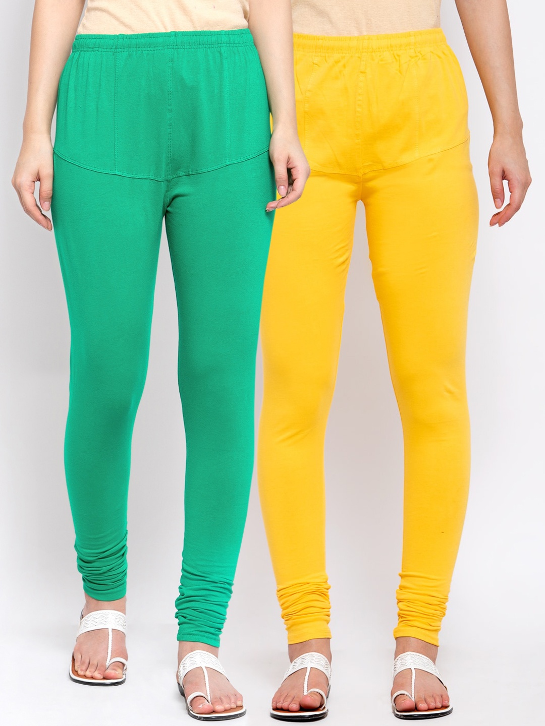 

KLOTTHE Women Pack Of 2 Green & Yellow Solid Churidar-Length Cotton Leggings