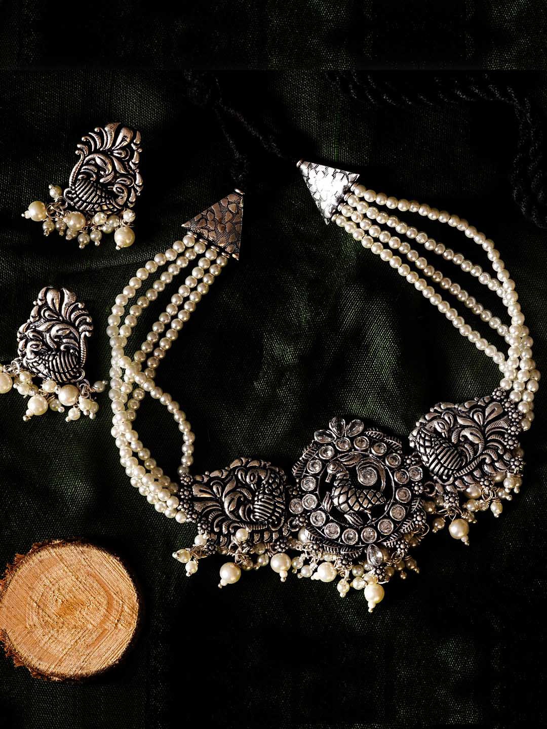 

TEEJH Oxidised Silver-Plated White Pearl Beaded Jewellery Set