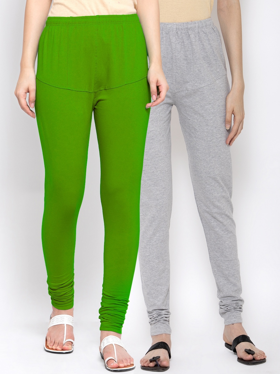 

KLOTTHE Women Pack of 2 Green & Grey Solid Cotton Churidar-Length Leggings