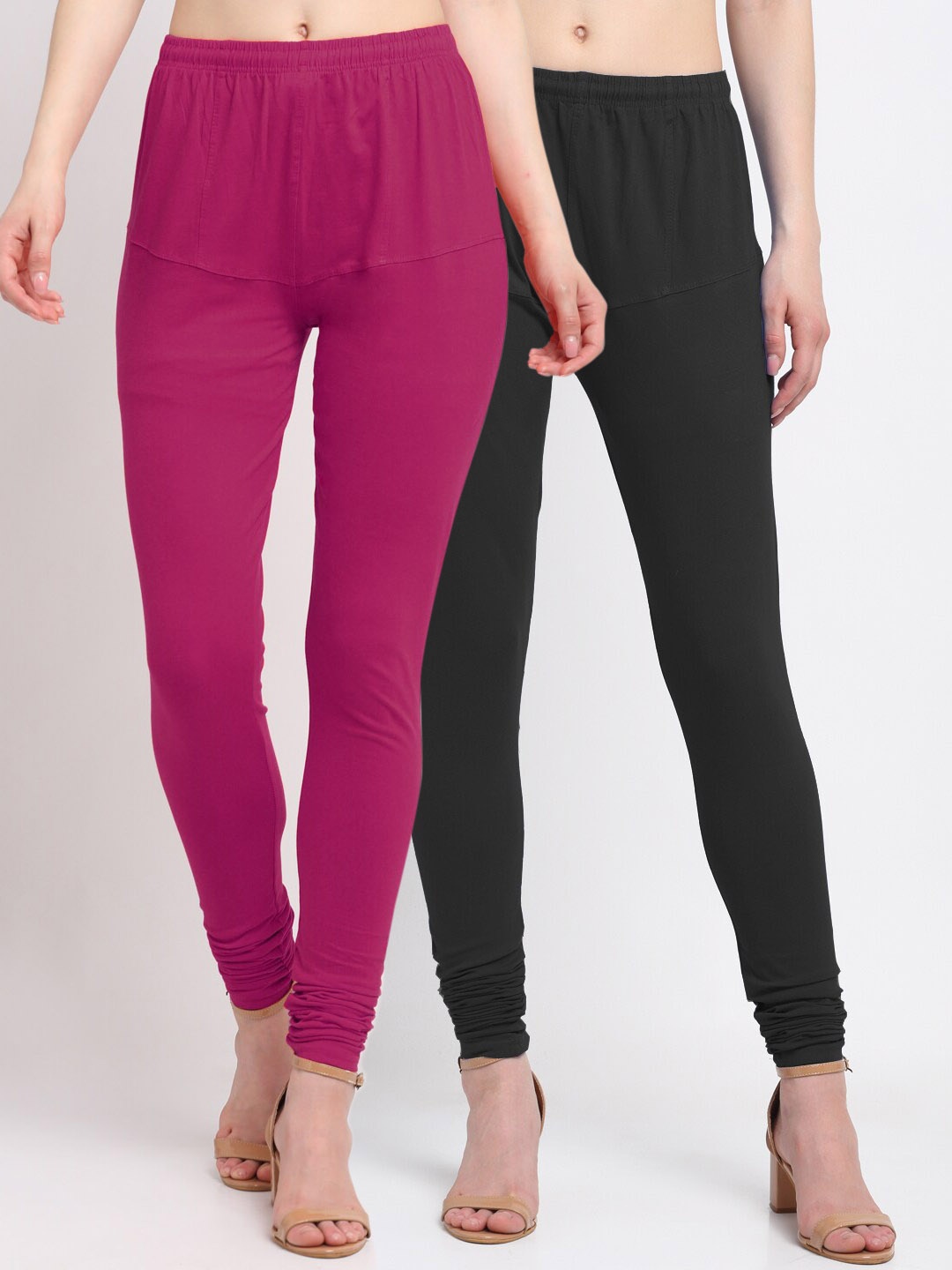 

KLOTTHE Women Pack Of 2 Black & Magenta Solid Cotton Churidar-Length Leggings