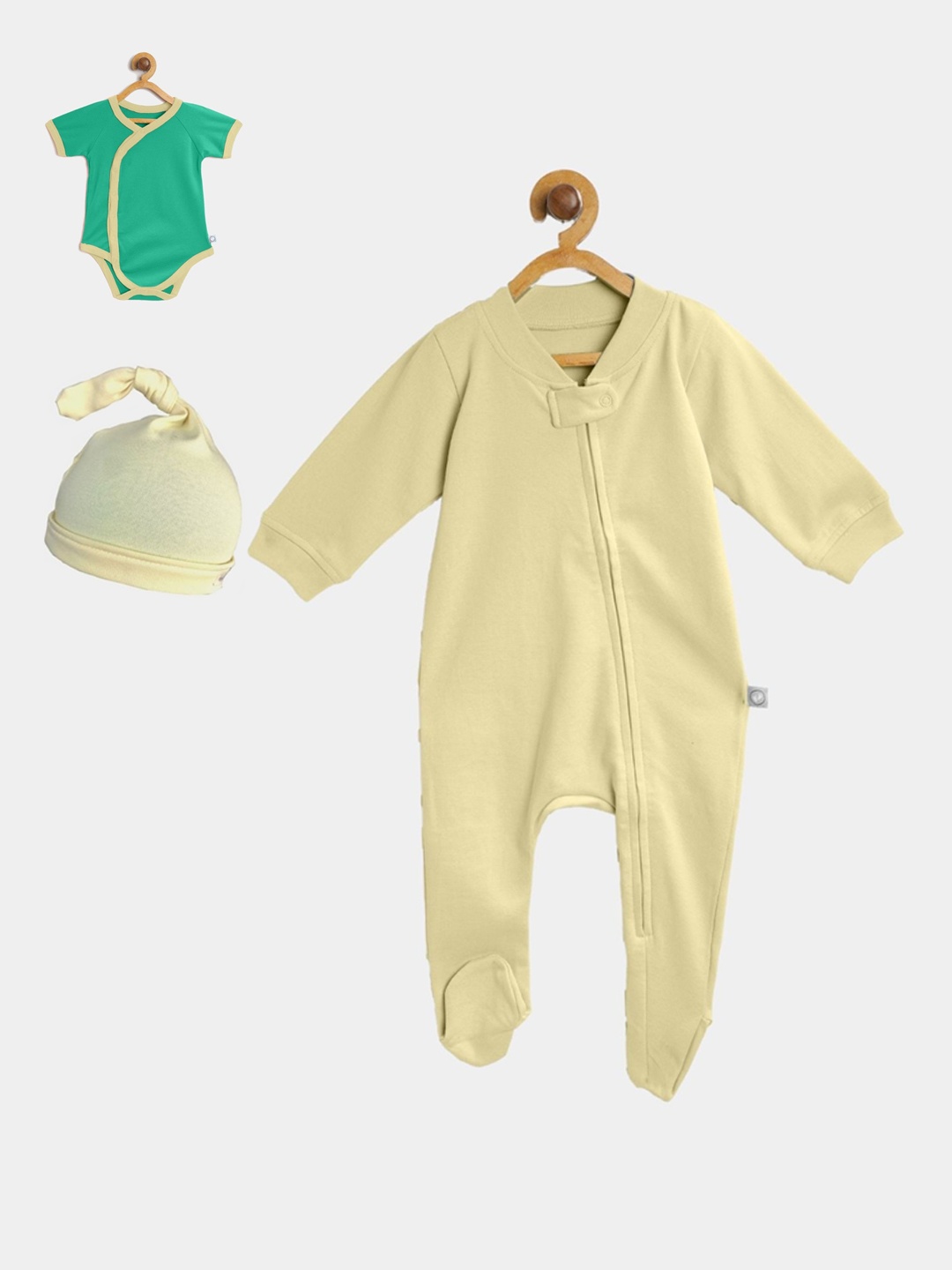 

cherrytoes Infants Yellow & Green Solid Sleepsuit 3 Piece Set