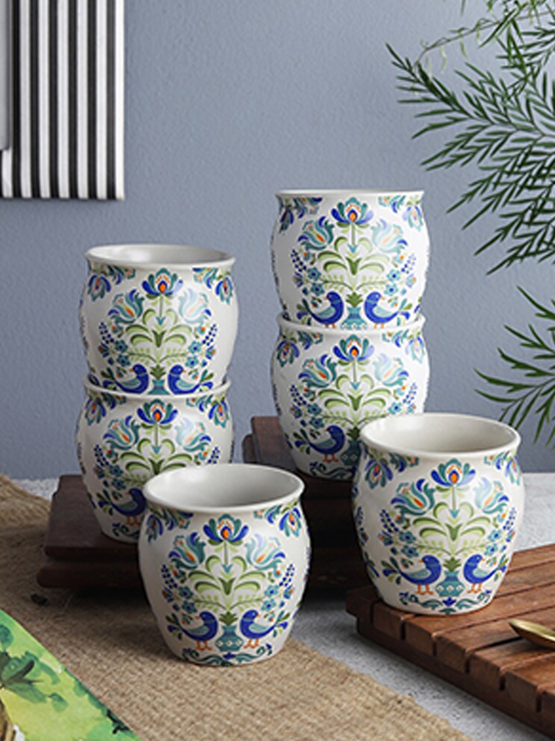 

The Decor Mart Set Of 6 White & Blue Printed Ceramic Glossy Kulladhs