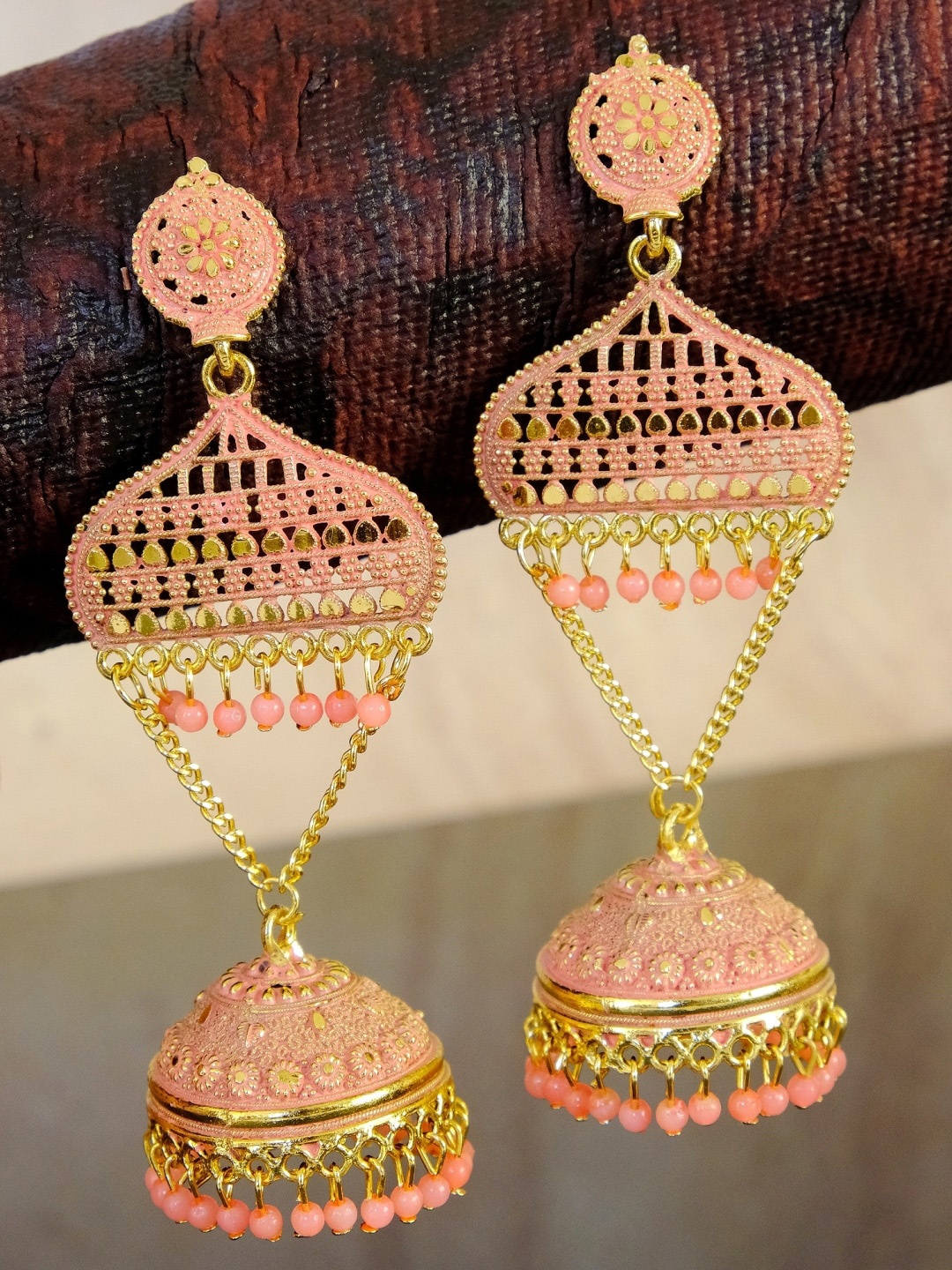 

Crunchy Fashion Gold-Toned & Pink Contemporary Temple Jhumkas Earrings