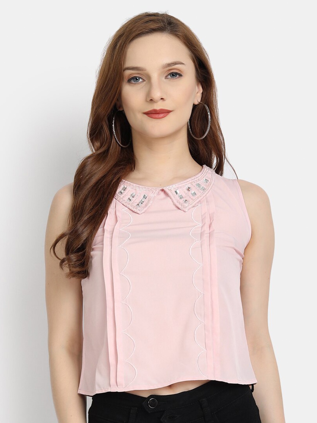 

LY2 Pink Embellished Crepe Regular Crop Top