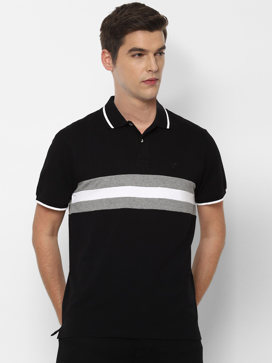 

AMERICAN EAGLE OUTFITTERS Men Black Polo Collar T-shirt