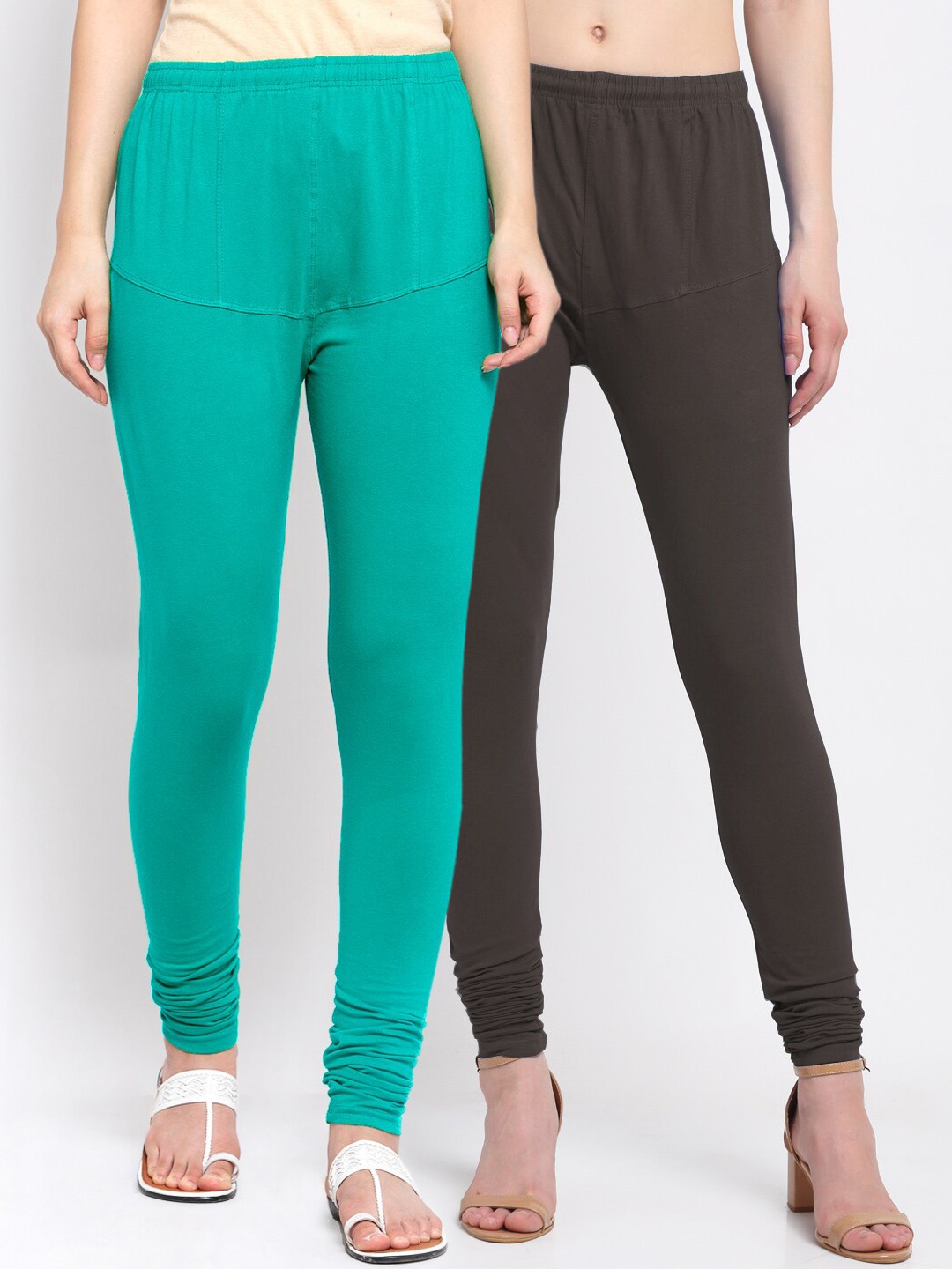 

KLOTTHE Women Pack Of 2 Brown & Green Solid Cotton Churidar-Length Leggings