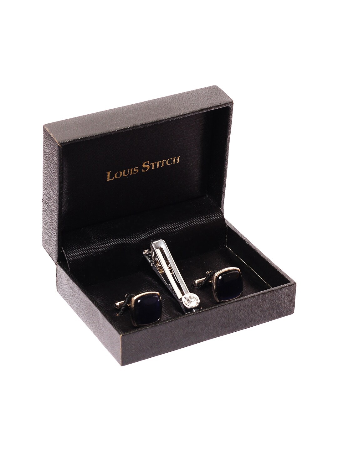 LOUIS STITCH Men Set of Stone Studded Tie Pin & Cufflinks, Silver