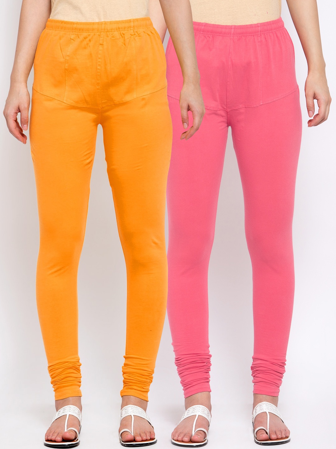

KLOTTHE Women Pack Of 2 Solid Churidar-Length Cotton Leggings, Orange