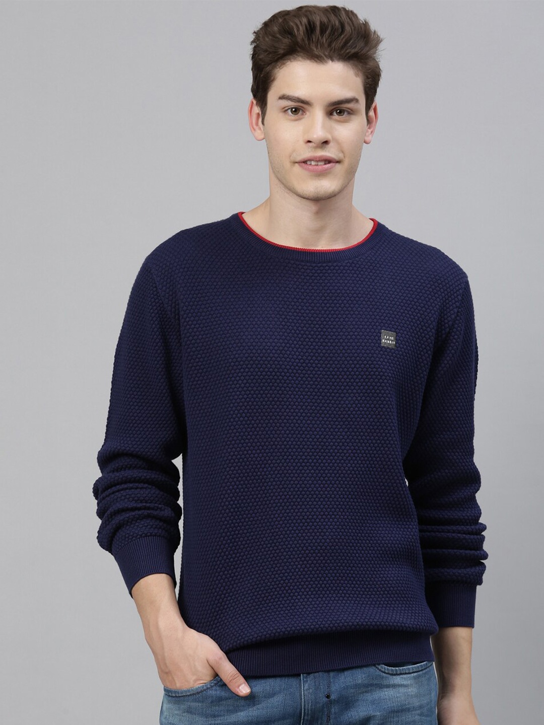 

RARE RABBIT Men Navy Blue Self Design Cotton Pullover Sweater