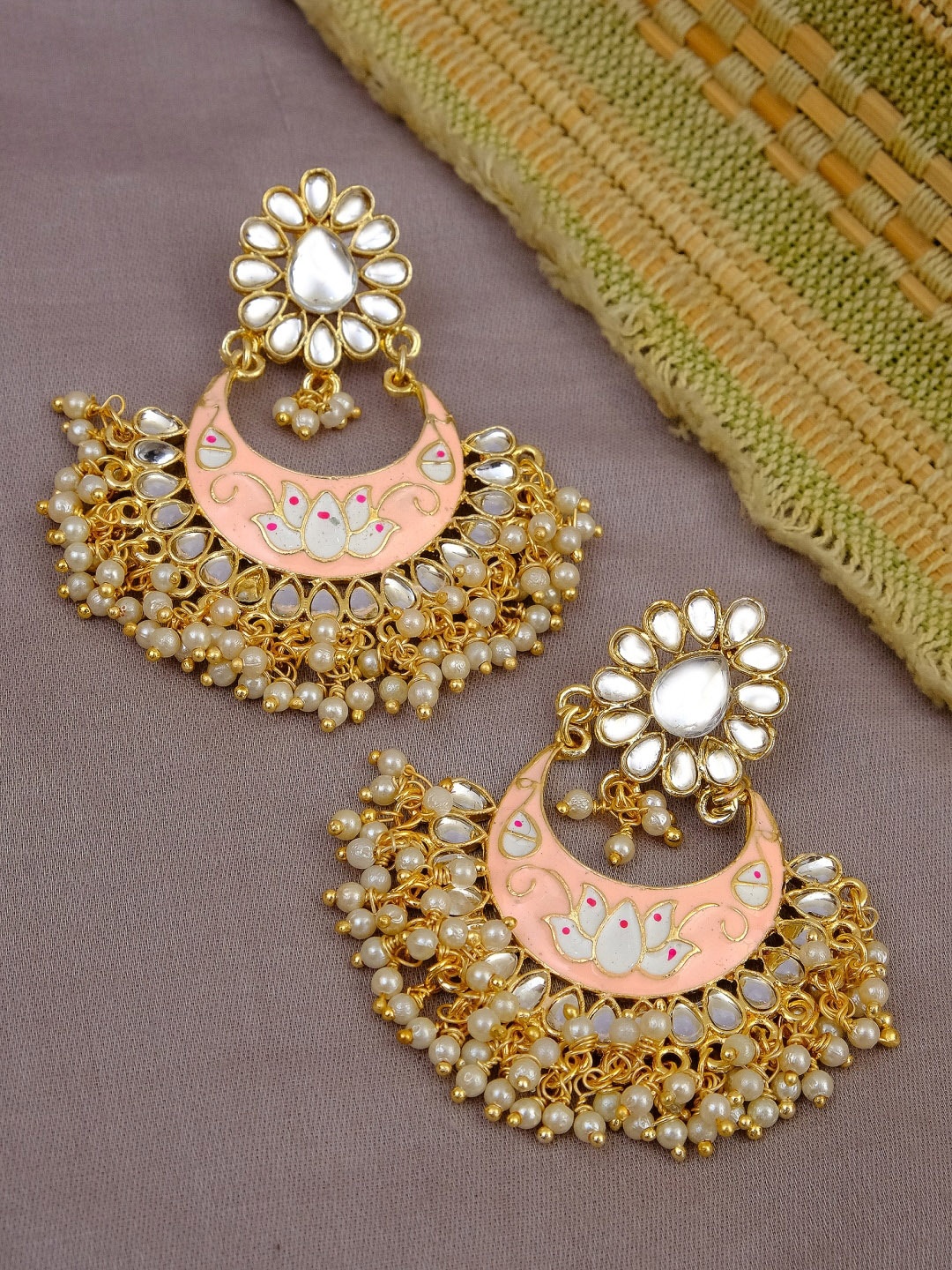 

Crunchy Fashion Women Gold-Toned & Peach-Coloured Meenakari Chandbalis Earrings