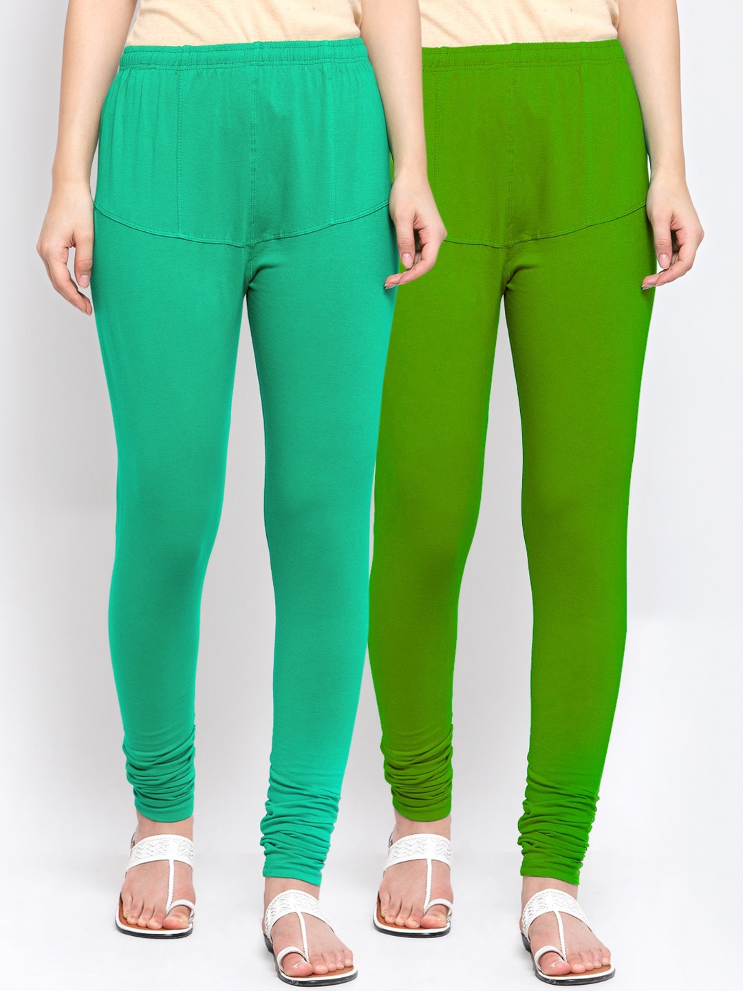 

KLOTTHE Women Pack Of 2 Green Solid Churidar-Length Cotton Leggings