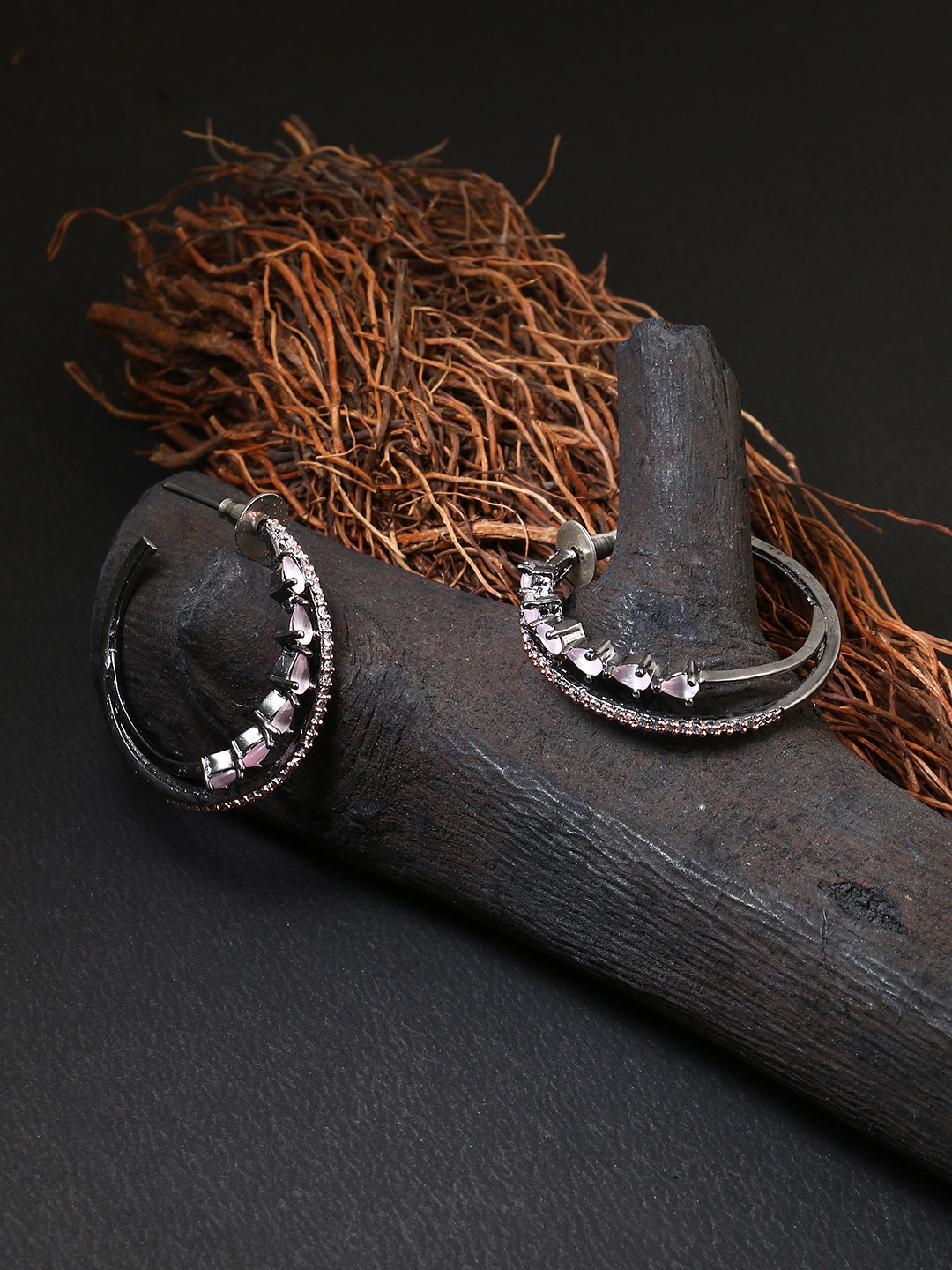 

Adwitiya Collection Silver-Toned CZ Pink Stone Studded Contemporary Half Hoop Earrings
