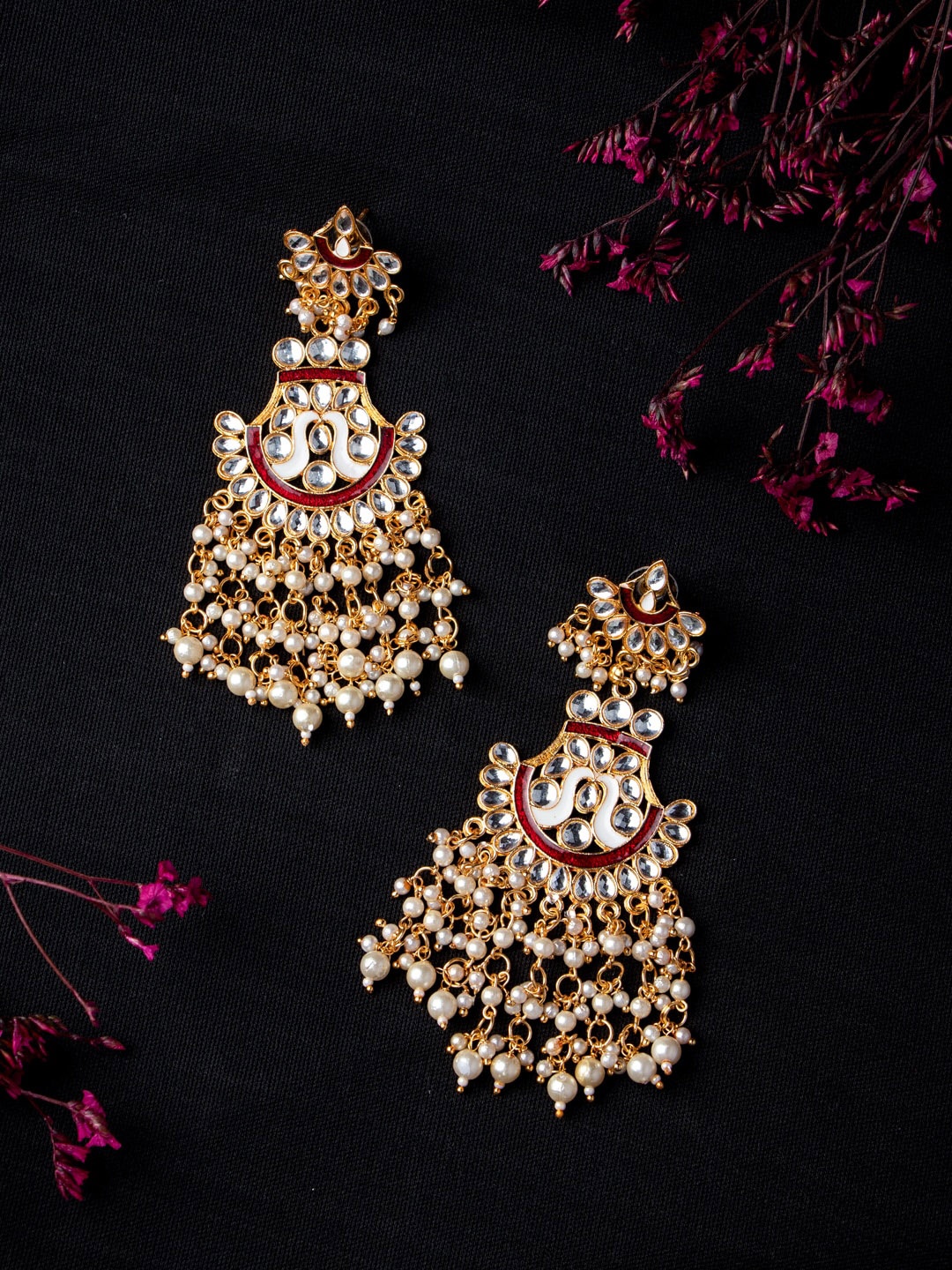 

MORKANTH JEWELLERY Gold-Plated & Kundan & Beads Studded Contemporary Chandbalis Earrings, Maroon