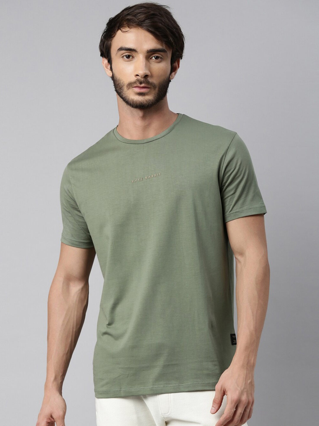 

RARE RABBIT Men Solid Olive Green Round Neck T-shirt