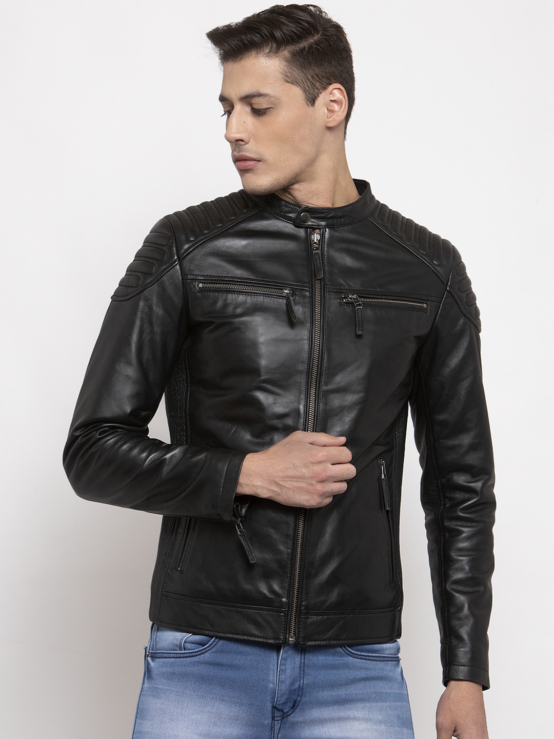 

WELBAWT Men Black Leather Lightweight Biker Jacket