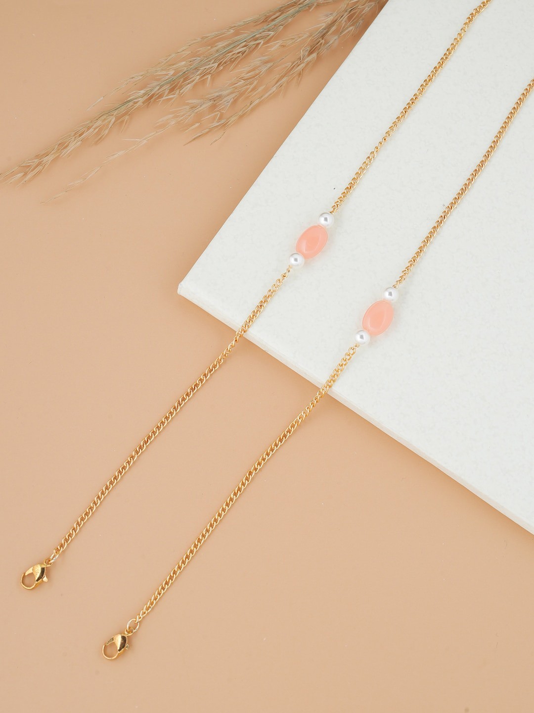 

Shoshaa Women Gold-Plated Peach-Coloured Beaded Mask Chain