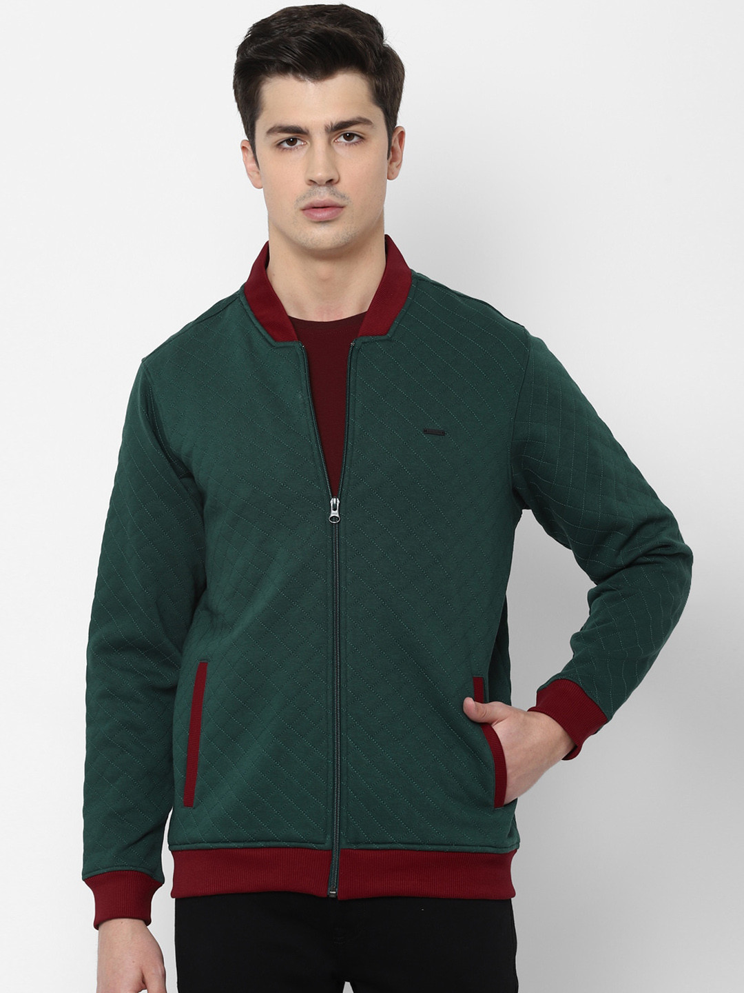 

SIMON CARTER LONDON Men Green and Maroon Ribbed Full Sleeve Sweatshirt