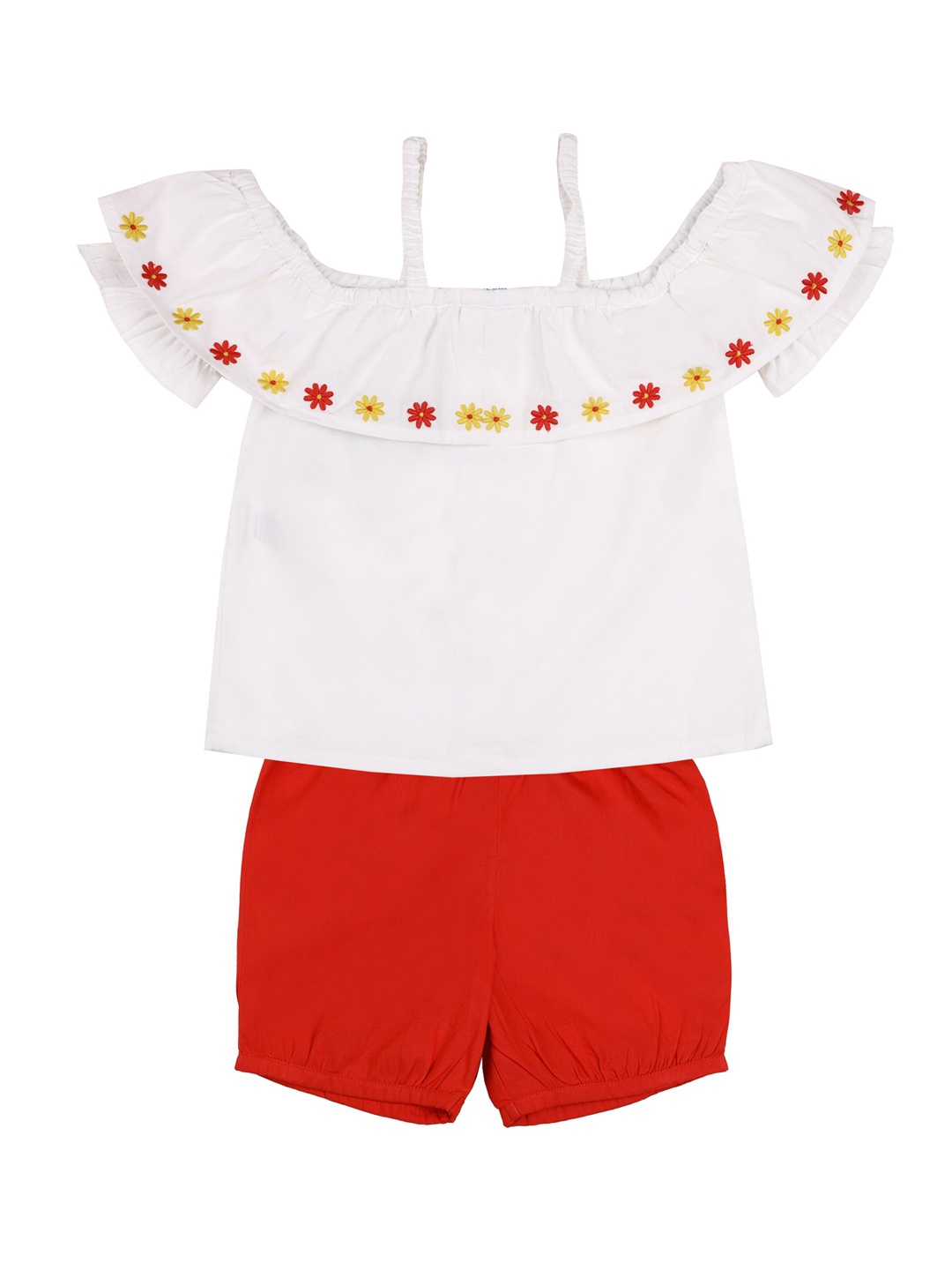 

KICKS & CRAWL Girls Red & White Solid Off-Shoulder Top & Shorts Coordinate Set