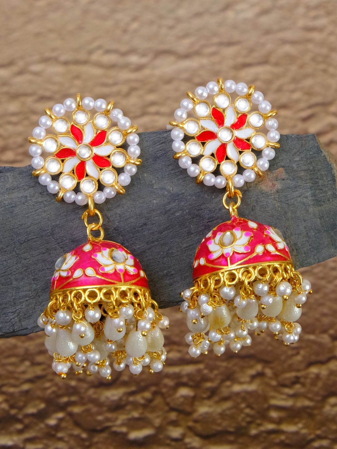 

Crunchy Fashion Gold-Toned & Red Contemporary Meenakari Jhumkas Earrings